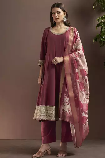 Wine embroidered chinnon anarkali