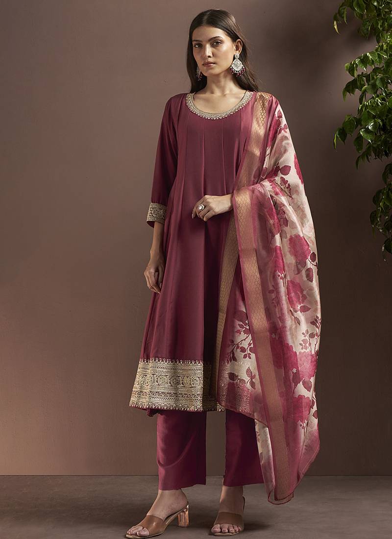 Wine embroidered chinnon anarkali