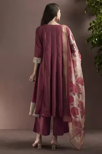 Wine embroidered chinnon anarkali
