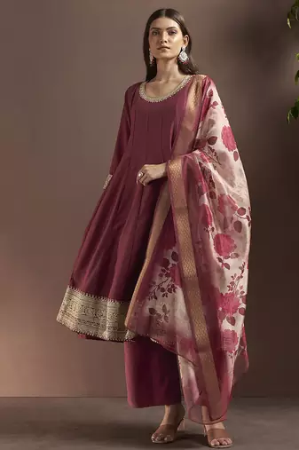 Wine embroidered chinnon anarkali