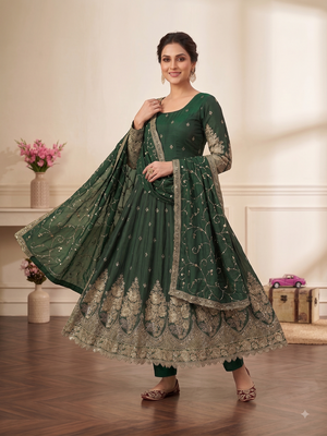 Green colour embroidered georgette anarkali suit set with dupatta & pant 3