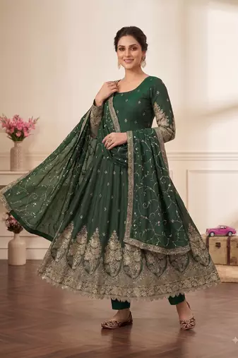 Green colour embroidered georgette anarkali suit set with dupatta & pant
