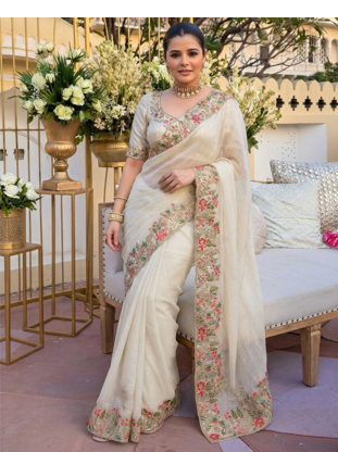 Cream tissue embroidery work saree with work blouse piece 1