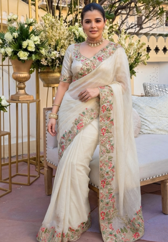 Cream tissue embroidery work saree with work blouse piece