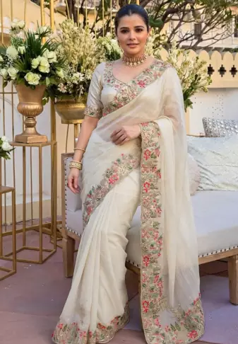 Cream tissue embroidery work saree with work blouse piece