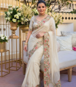 Cream tissue embroidery work saree with work blouse piece