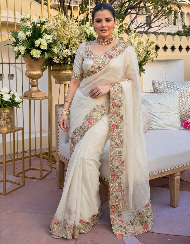 Cream tissue embroidery work saree with work blouse piece