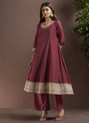 Wine embroidered chinnon anarkali 4