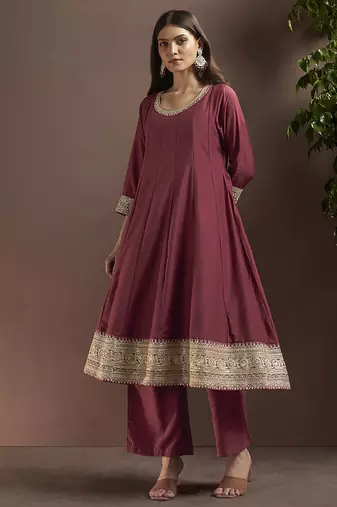 Wine embroidered chinnon anarkali
