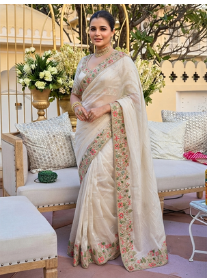 Cream tissue embroidery work saree with work blouse piece 2