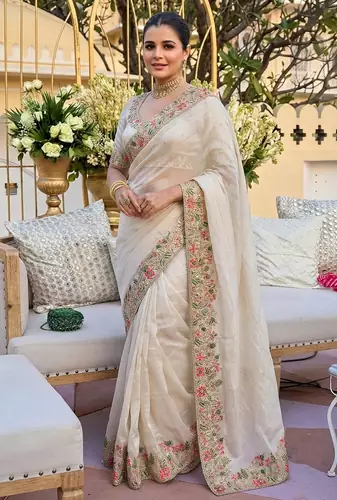 Cream tissue embroidery work saree with work blouse piece
