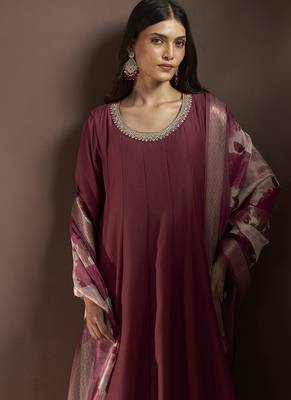Wine embroidered chinnon anarkali 5
