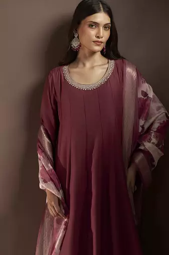 Wine embroidered chinnon anarkali