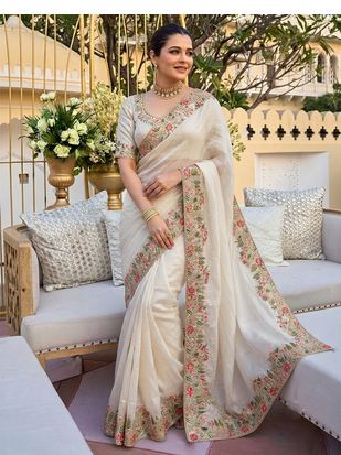 Cream tissue embroidery work saree with work blouse piece 3