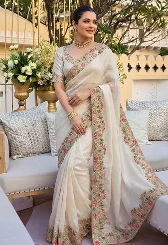 Cream tissue embroidery work saree with work blouse piece