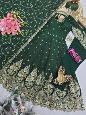Green colour embroidered georgette anarkali suit set with dupatta & pant 4