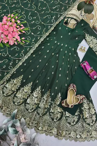 Green colour embroidered georgette anarkali suit set with dupatta & pant