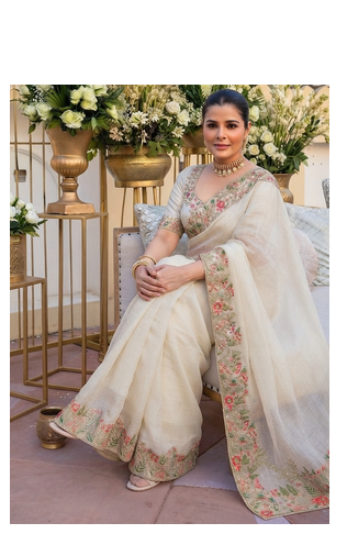 Cream tissue embroidery work saree with work blouse piece 4