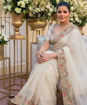 Cream tissue embroidery work saree with work blouse piece