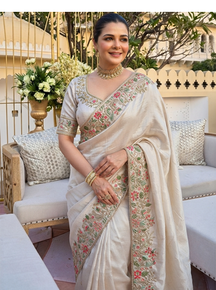 Cream tissue embroidery work saree with work blouse piece 5