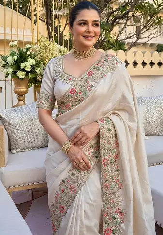 Cream tissue embroidery work saree with work blouse piece
