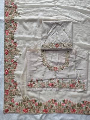 Cream tissue embroidery work saree with work blouse piece 6