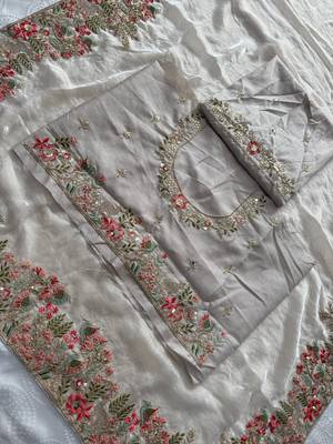 Cream tissue embroidery work saree with work blouse piece 7