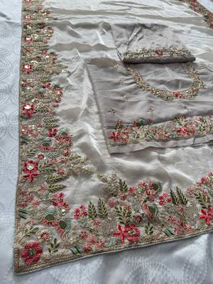 Cream tissue embroidery work saree with work blouse piece 8