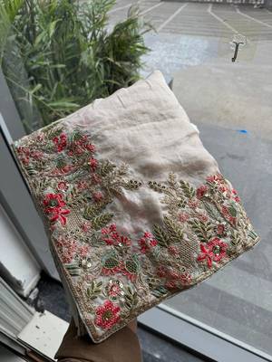Cream tissue embroidery work saree with work blouse piece 10