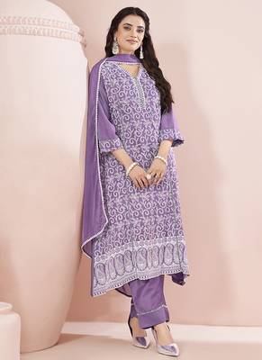 Lavender Schiffli Embroidered Chinnon Straight Kurti Palazzo Set 1