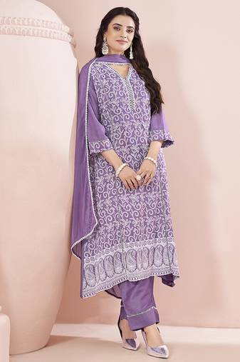 Lavender Schiffli Embroidered Chinnon Straight Kurti Palazzo Set