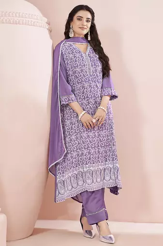Lavender Schiffli Embroidered Chinnon Straight Kurti Palazzo Set