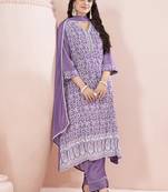 Lavender Schiffli Embroidered Chinnon Straight Kurti Palazzo Set