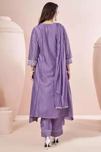 Lavender Schiffli Embroidered Chinnon Straight Kurti Palazzo Set