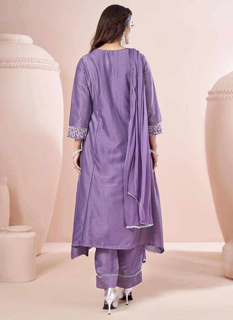 Lavender Schiffli Embroidered Chinnon Straight Kurti Palazzo Set