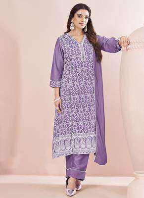 Lavender Schiffli Embroidered Chinnon Straight Kurti Palazzo Set 3