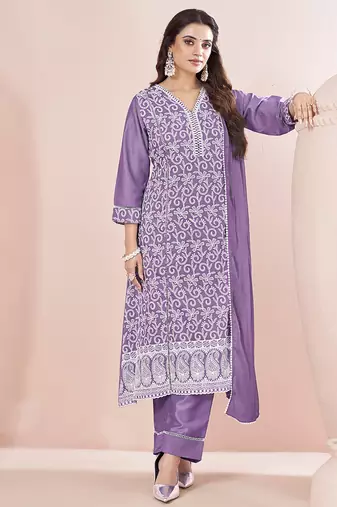 Lavender Schiffli Embroidered Chinnon Straight Kurti Palazzo Set