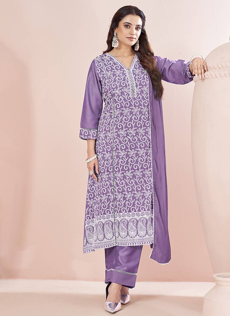 Lavender Schiffli Embroidered Chinnon Straight Kurti Palazzo Set
