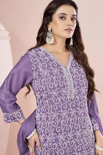 Lavender Schiffli Embroidered Chinnon Straight Kurti Palazzo Set