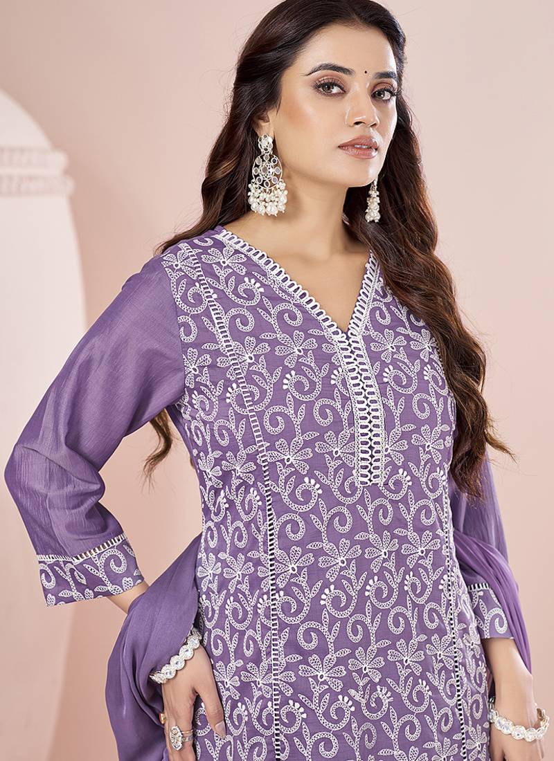 Lavender Schiffli Embroidered Chinnon Straight Kurti Palazzo Set
