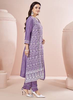 Lavender Schiffli Embroidered Chinnon Straight Kurti Palazzo Set 5