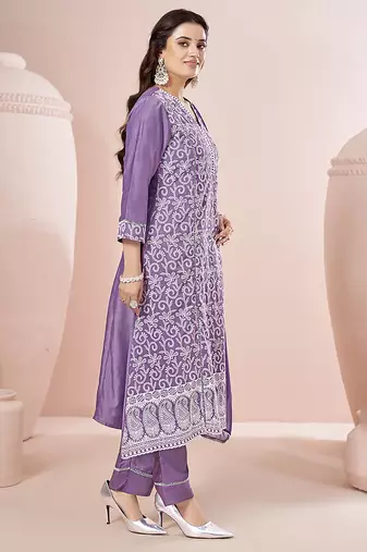 Lavender Schiffli Embroidered Chinnon Straight Kurti Palazzo Set