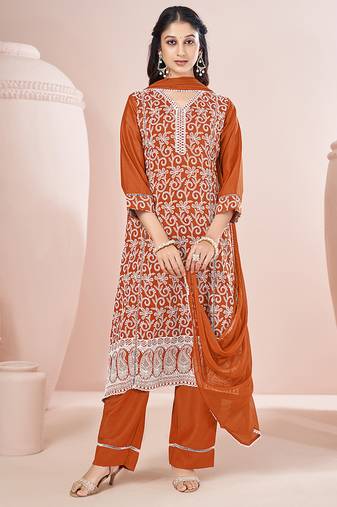 Orange schiffly with embroidered chinnon straight