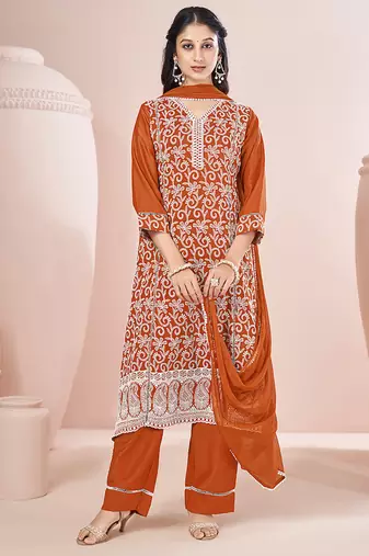 Orange schiffly with embroidered chinnon straight