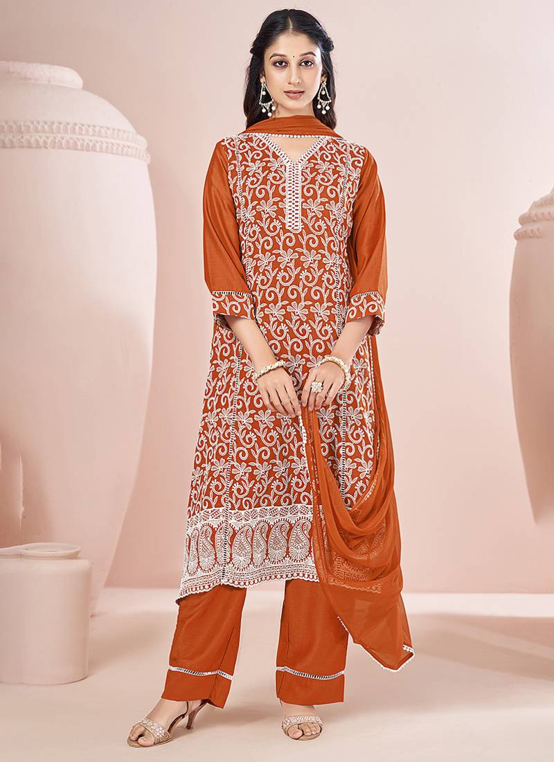 Orange schiffly with embroidered chinnon straight