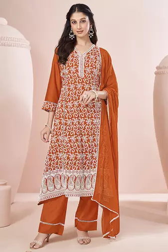 Orange schiffly with embroidered chinnon straight