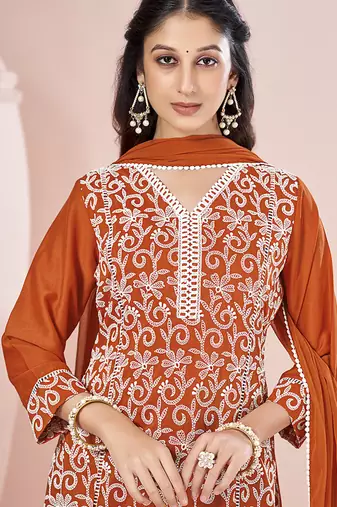 Orange schiffly with embroidered chinnon straight
