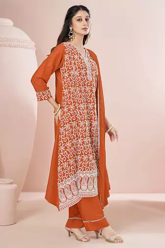 Orange schiffly with embroidered chinnon straight
