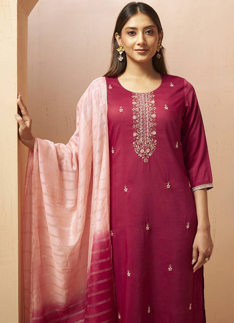 Red embroidered with handwork
 chinnon straight