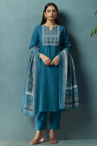 Blue printed cotton blend straight